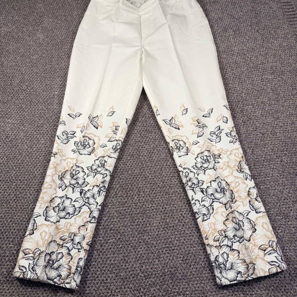 Isaac Mizrahi Live Floral Print Pants 12‎ White Straight Leg Pull On Stretch